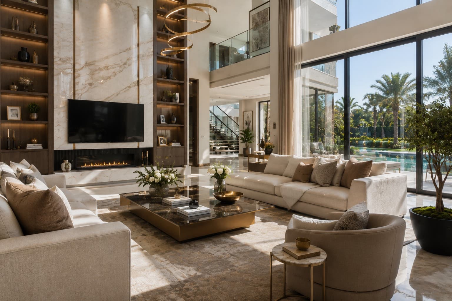 Grand luxury living room with floor-to-ceiling views by Simplify Home, Hyderabad