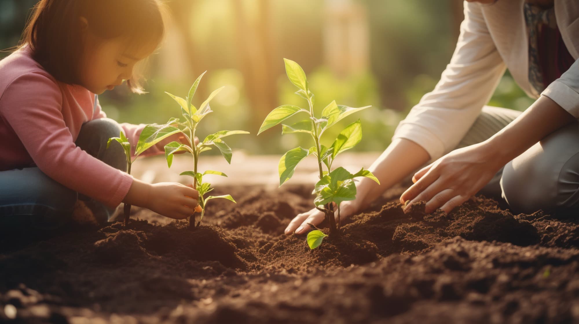 A parent and child planting saplings together, Simplify Home's tree-plantation drive across Telangana