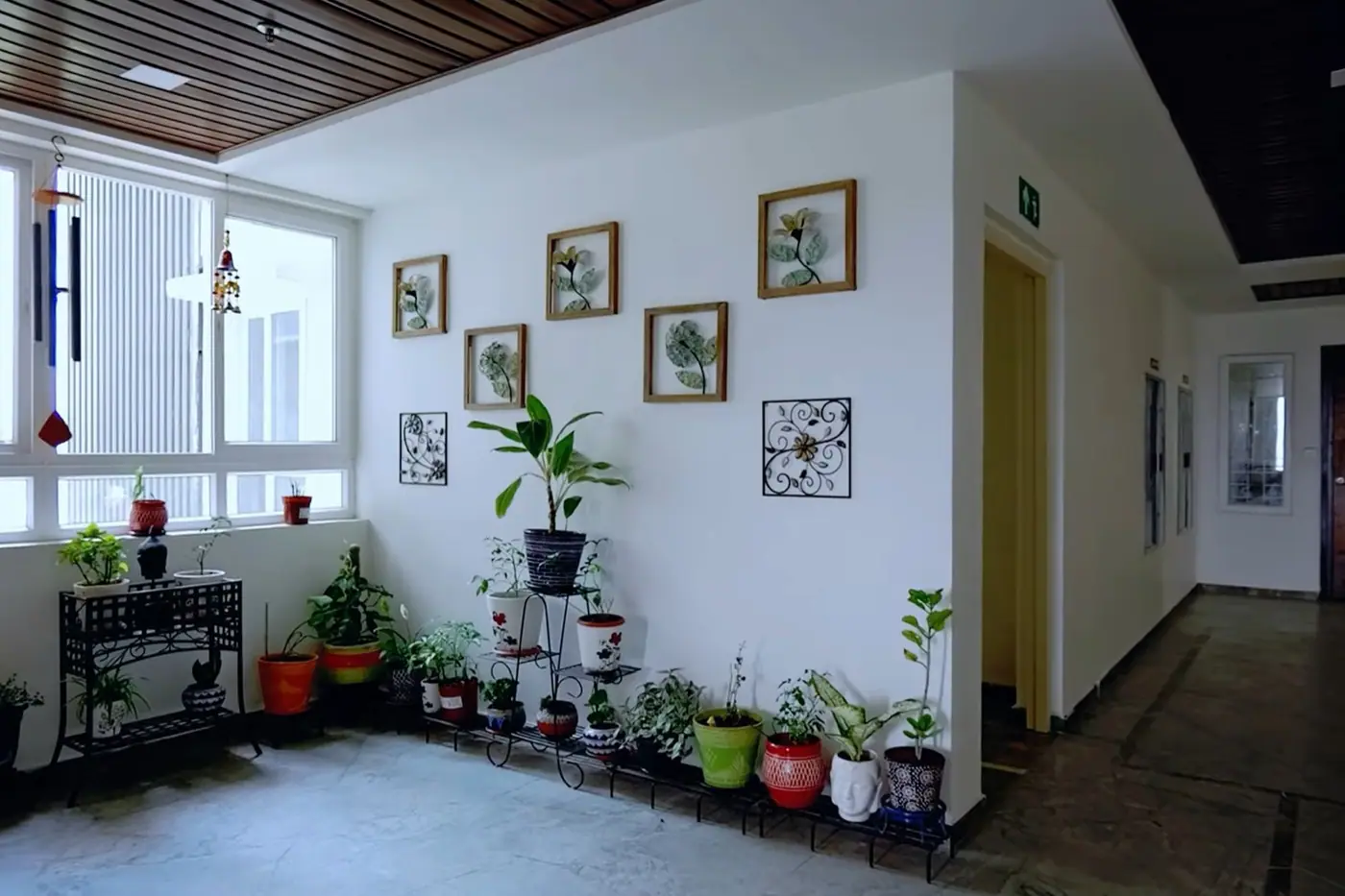 Sunlit nook with framed botanical prints, potted plants and a wrought-iron stand
